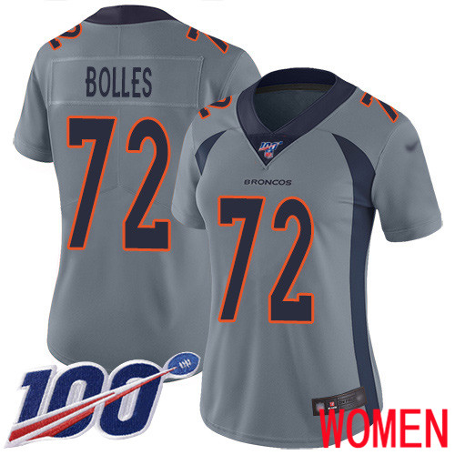 Women Denver Broncos #72 Garett Bolles Limited Silver Inverted Legend 100th Season Football NFL Jersey->women nfl jersey->Women Jersey